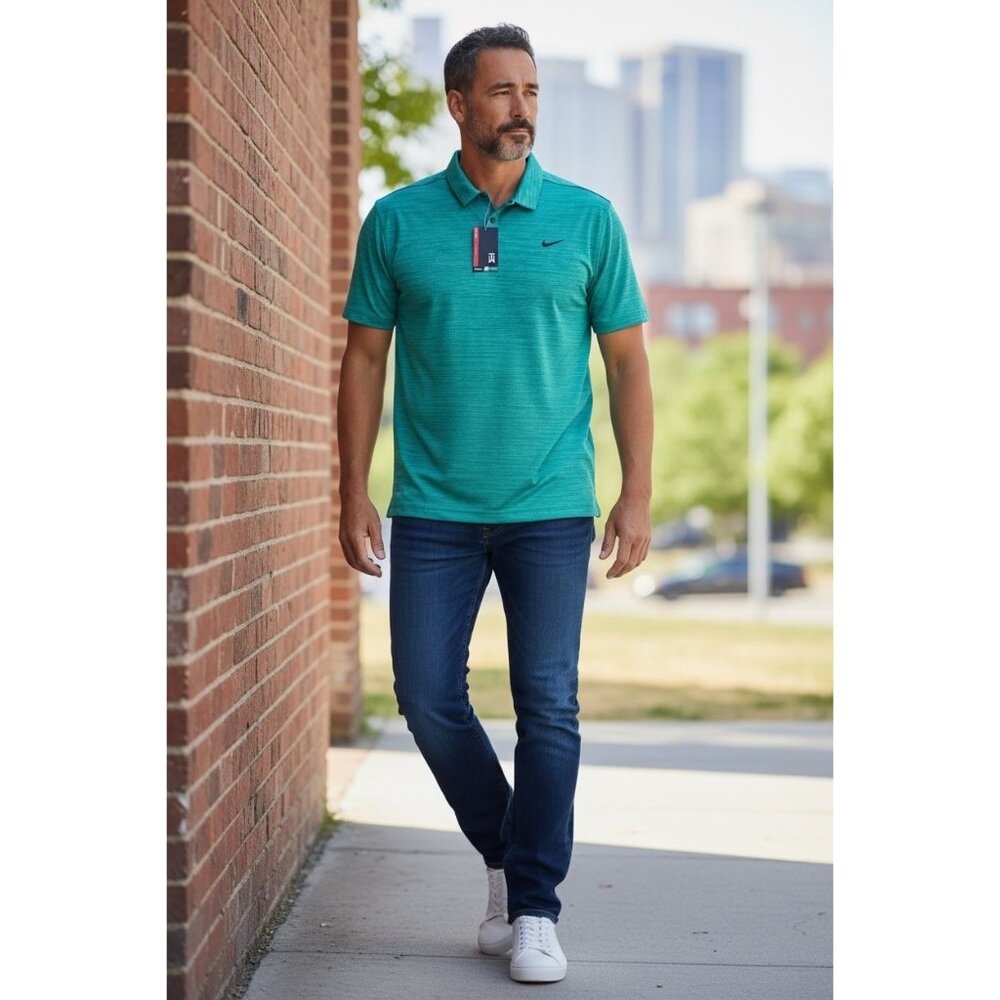 NEW Nike Tiger Woods Collection Dri-Fit Polo Shirt XL Teal Striped Golf Logo